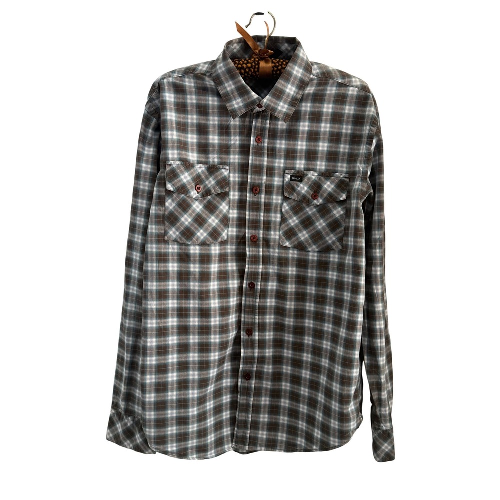 RVCA Mens Plaid Long Sleeve Button Down Shirt Brown Teal Cotton Medium